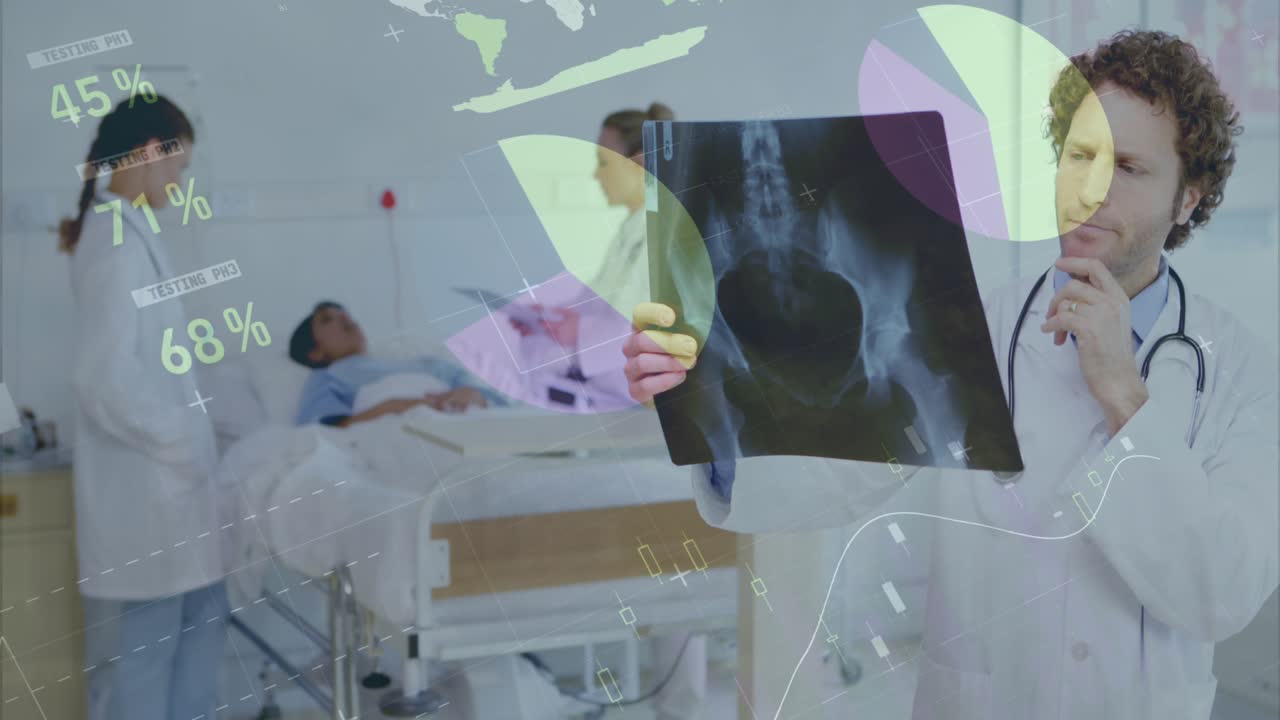 Animation of infographic interface over caucasian doctor examining patient x-ray