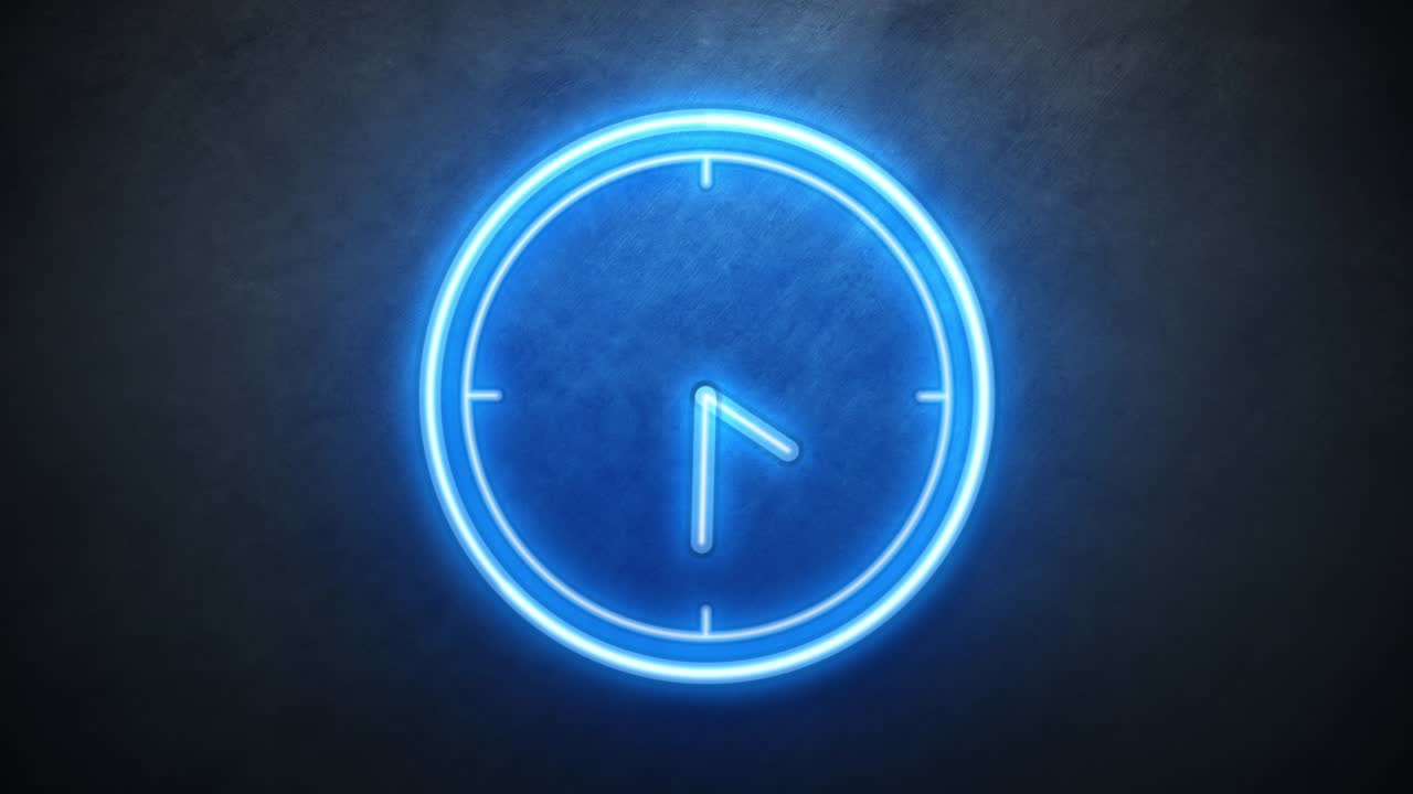 Insegna al neon a forma di orologio con freccia. Animazione del conto alla rovescia senza interruzioni. In loop.
