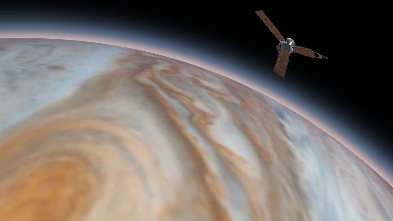 juno es una sonda espacial de la nasa que orbita el planeta júpiter. júpiter planeta que gira en el espacio exterior. viajando al planeta júpitor en el espacio. elementos de este video proporcionados por la nasa.