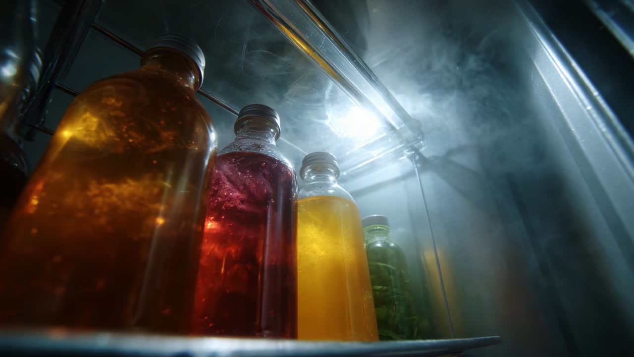 A Close-Up View of Bottled Beverages Illuminated by Cool Lighting Inside a Refrigerator, Featuring Various Colors and Textures That Highlight Refreshing Refreshments Ready for Enjoyment