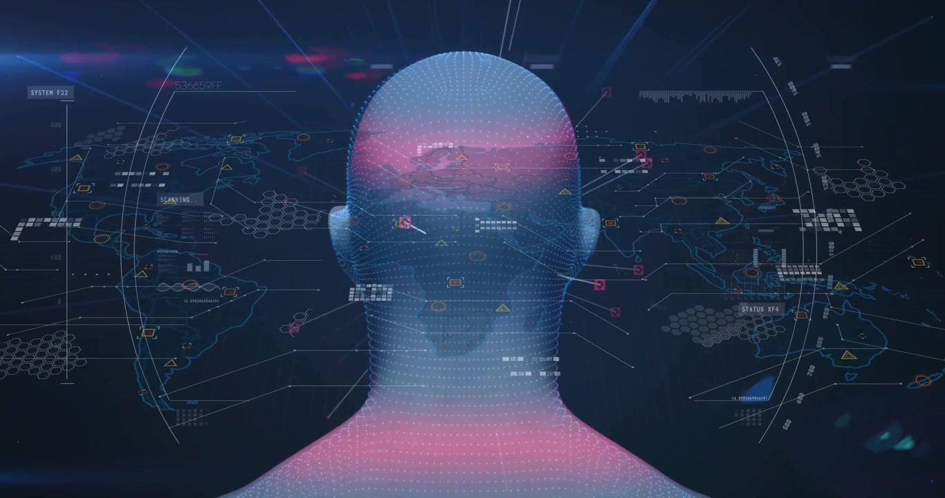 Upon activation digital 3D bust rotating showing data nodes and scan beams for network mapping