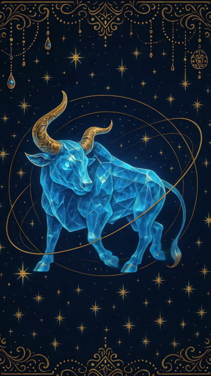 A mystical Taurus constellation in a low-angle view, featuring a glowing blue bull with golden