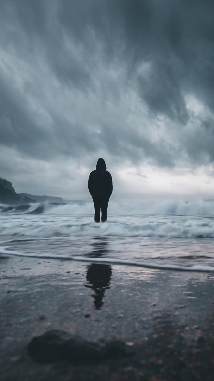 A solitary figure stands at the edge of turbulent waters, surrounded by ominous clouds, reflecting a mood of contemplation and connection with nature's raw power