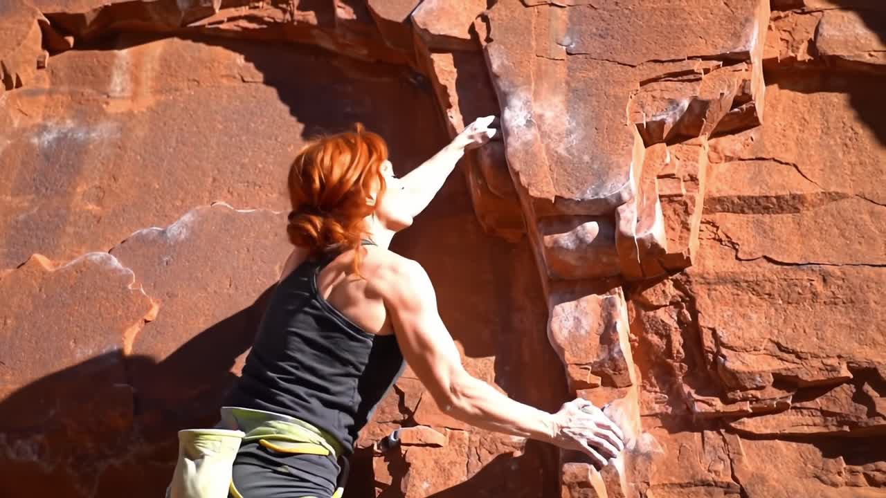 A Rock Climber in Action: Ascending a Vibrant Red Cliff Face, Showcasing Strength and Determination in the Pursuit of Vertical Adventures