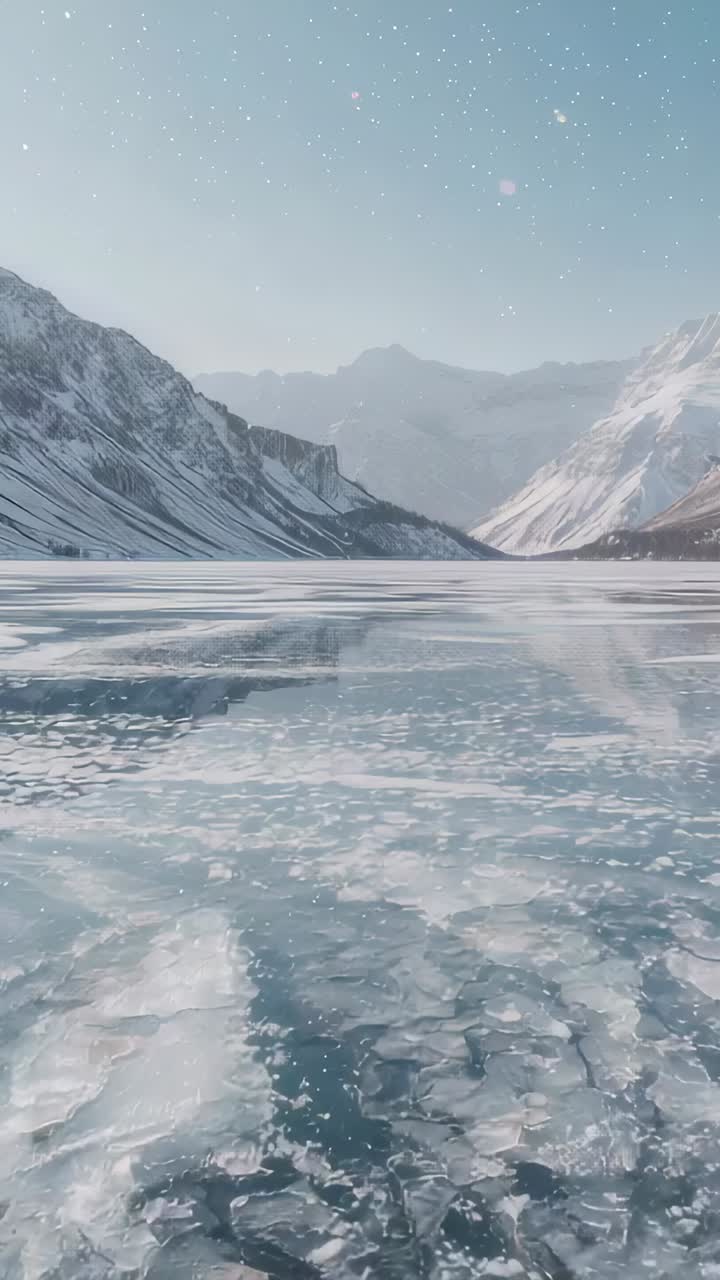 Vertical video: Starting low camera gliding over frozen lake, revealing distant pass and broken ice