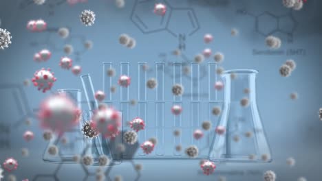 Animation-Von-Covid-19-Zellen-über-Strukturen-Chemischer-Verbindungen,-Flaschen-Und-Reagenzgläsern