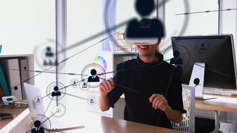 Animation-of-networks-of-connections-and-businesswoman-wearing-phone-vr-headset