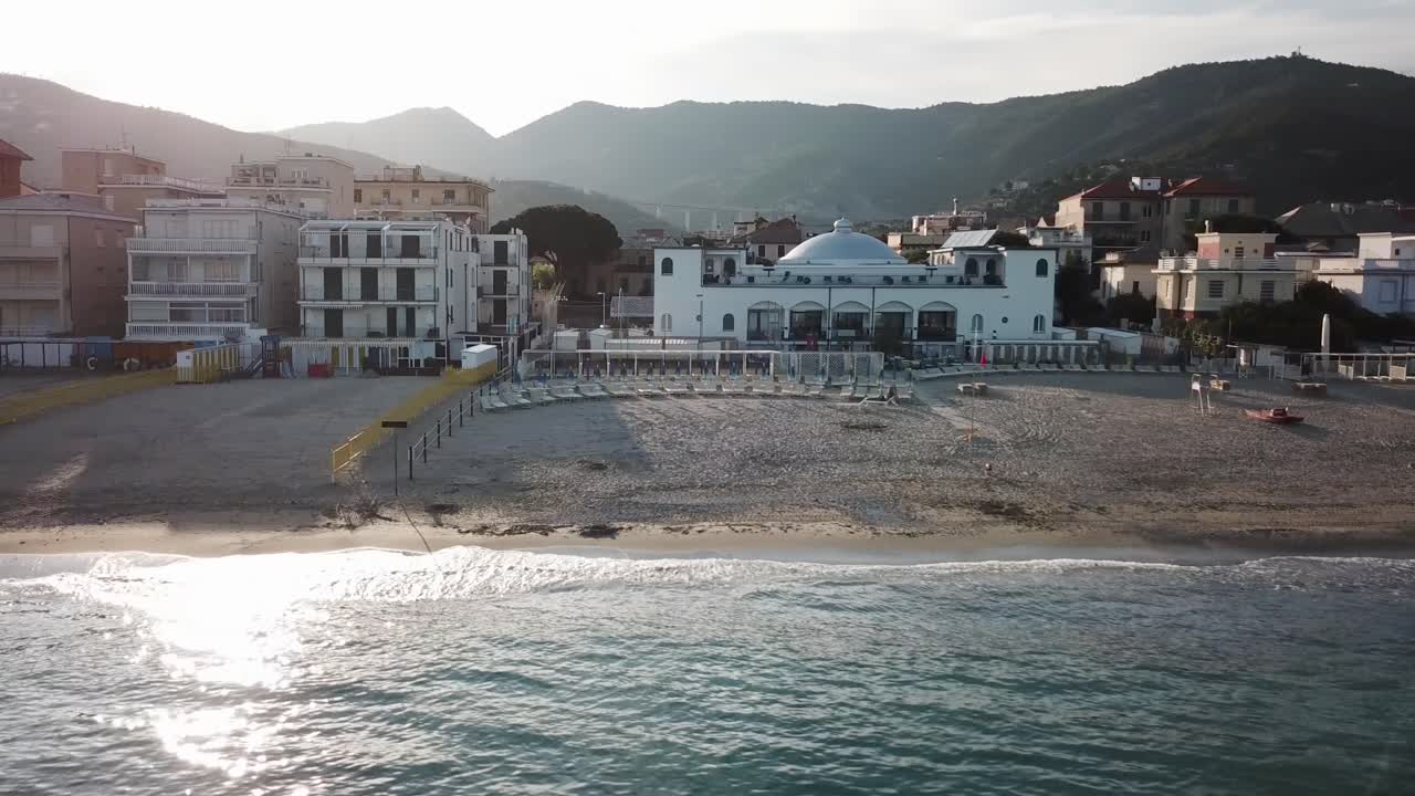 Drone view of a sandy italian beach next to the Mediterranean
