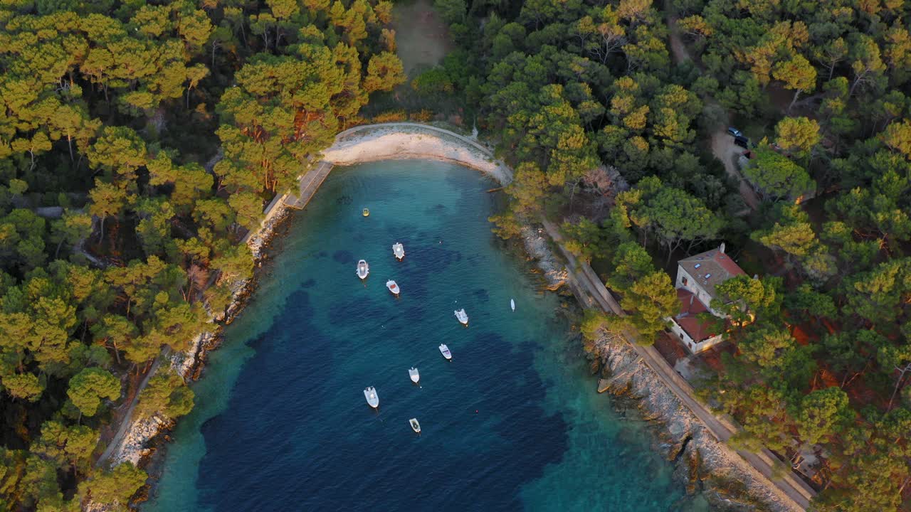 Barche sul mare blu poco profondo che circondano la lussureggiante isola tropicale di Lussino in Croazia in una mattina d'estate - tilt-down aereo con drone.