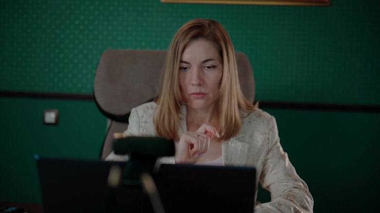 Una mujer sentada en un escritorio, concentrada en la pantalla de su portátil. Paredes verdes rodean su espacio de trabajo. Viste una blusa blanca y está en una silla marrón. Iluminación cálida, habitación tranquila. Ideal para trabajo remoto y reuniones en línea