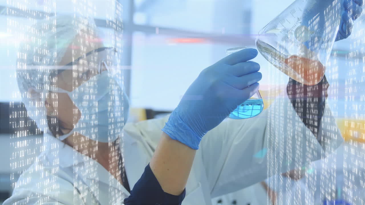 Analyzing blue liquid, scientist in lab coat with animation of data processing