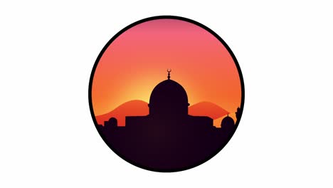 puesta de sol animada la silueta de una mezquita. puesta de sol detrás de la mezquita