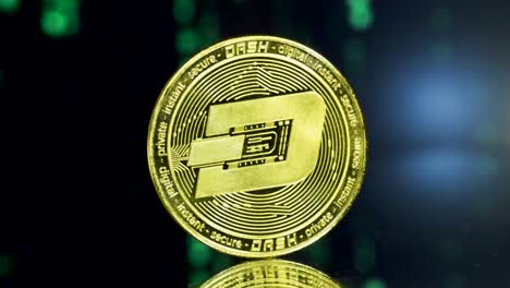 shining golden dash-coin on a mirroring ground with futuristc green matrix in the background