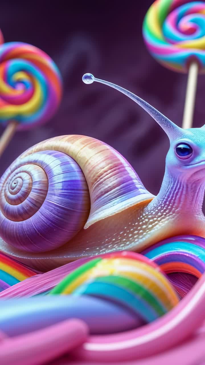 Vertical video: Undulating snail foot propelling snail gliding across candy ribbons swirl lollipops