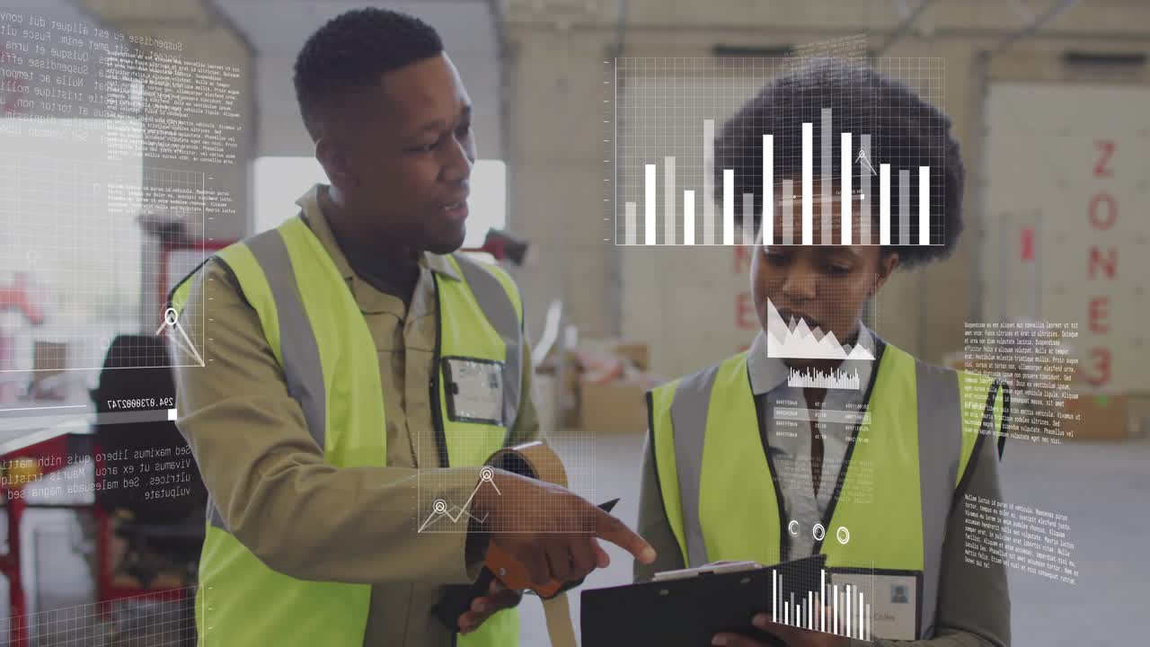 Warehouse staff comparing clipboard and tape while digital analytics overlaying and showing charts