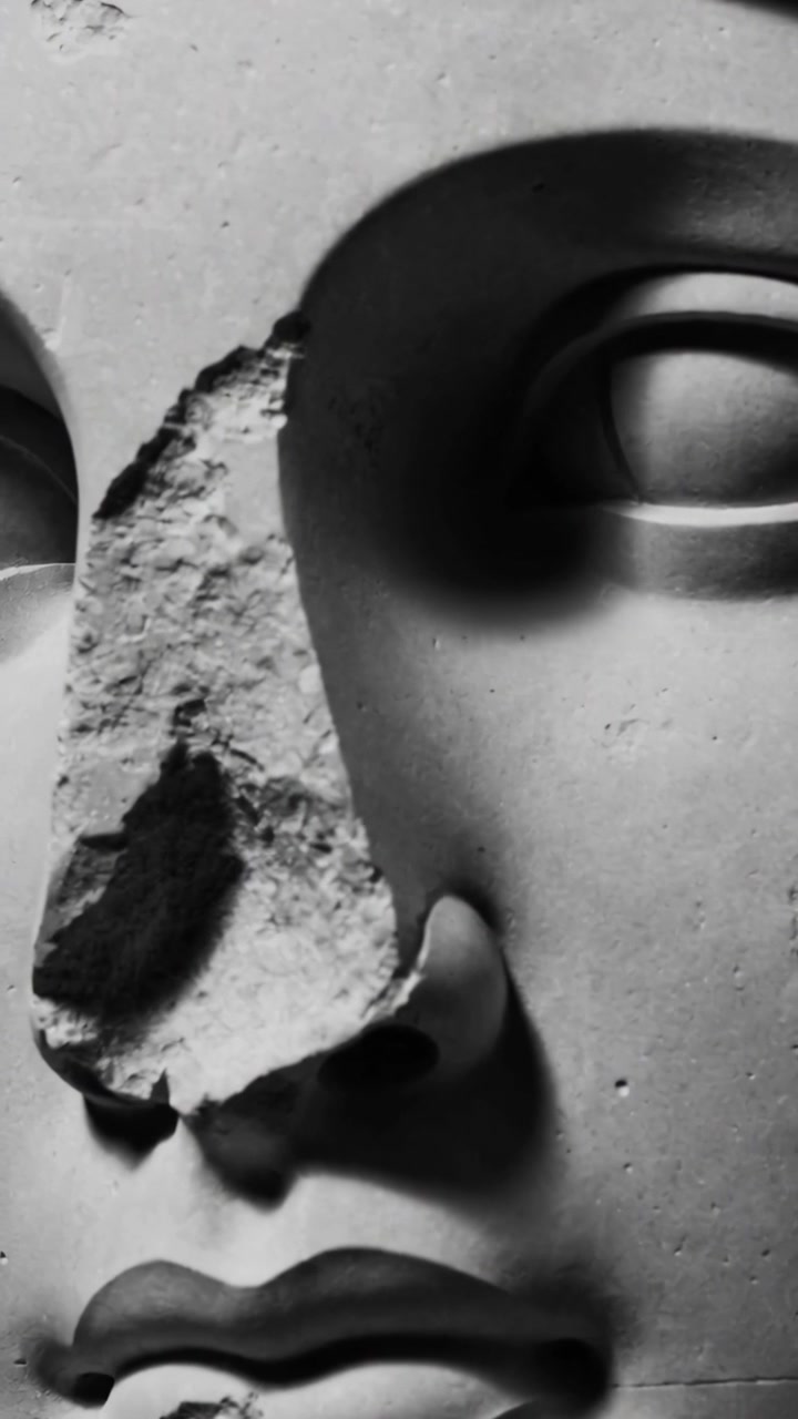 Vertical video: Panning camera across stone face in studio, revealing chipped nose and eroded cheek