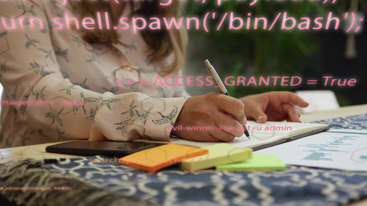 Woman lowering pen, writing and marking chart for tech review while code overlay drifting over page