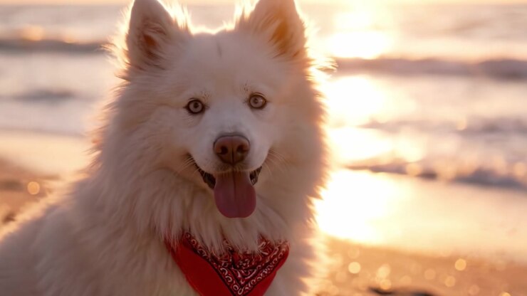 Een sereen zonsondergangmoment: een prachtige Samojeed hond staart naar de horizon, de essentie van rust en verbinding met de natuur aan de oceaan vastleggend