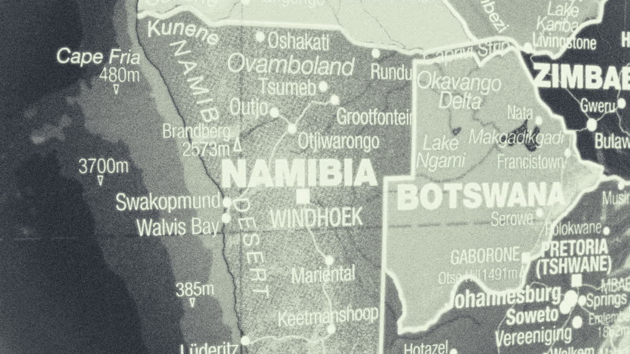 A close-up map showing Namibia, Botswana, and parts of Southern Africa