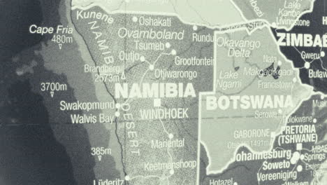 a close-up map showing namibia, botswana, and parts of southern africa