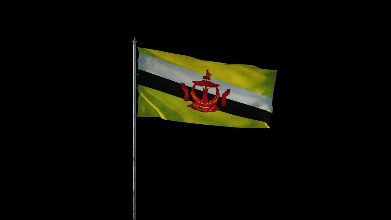 bandera nacional de brunei en el asta de la bandera ondeando en el viento, animación 3d realista en bucle negro sin costuras, de 20 segundos de duración (el canal alfa está incluido)