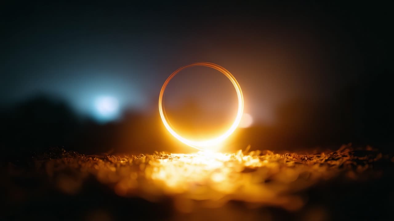 Uma sequência hipnotizante que captura a transição gradual de uma luz circular brilhante em um ambiente escuro e atmosférico, destacando a beleza da iluminação no crepúsculo