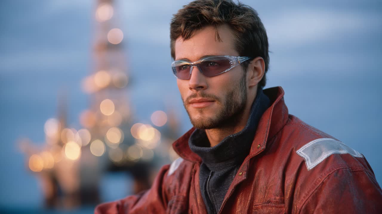 Confident Worker on an Offshore Platform: A Portrait of Determination and Skill Amidst Industrial Progress and Adventure at Sea