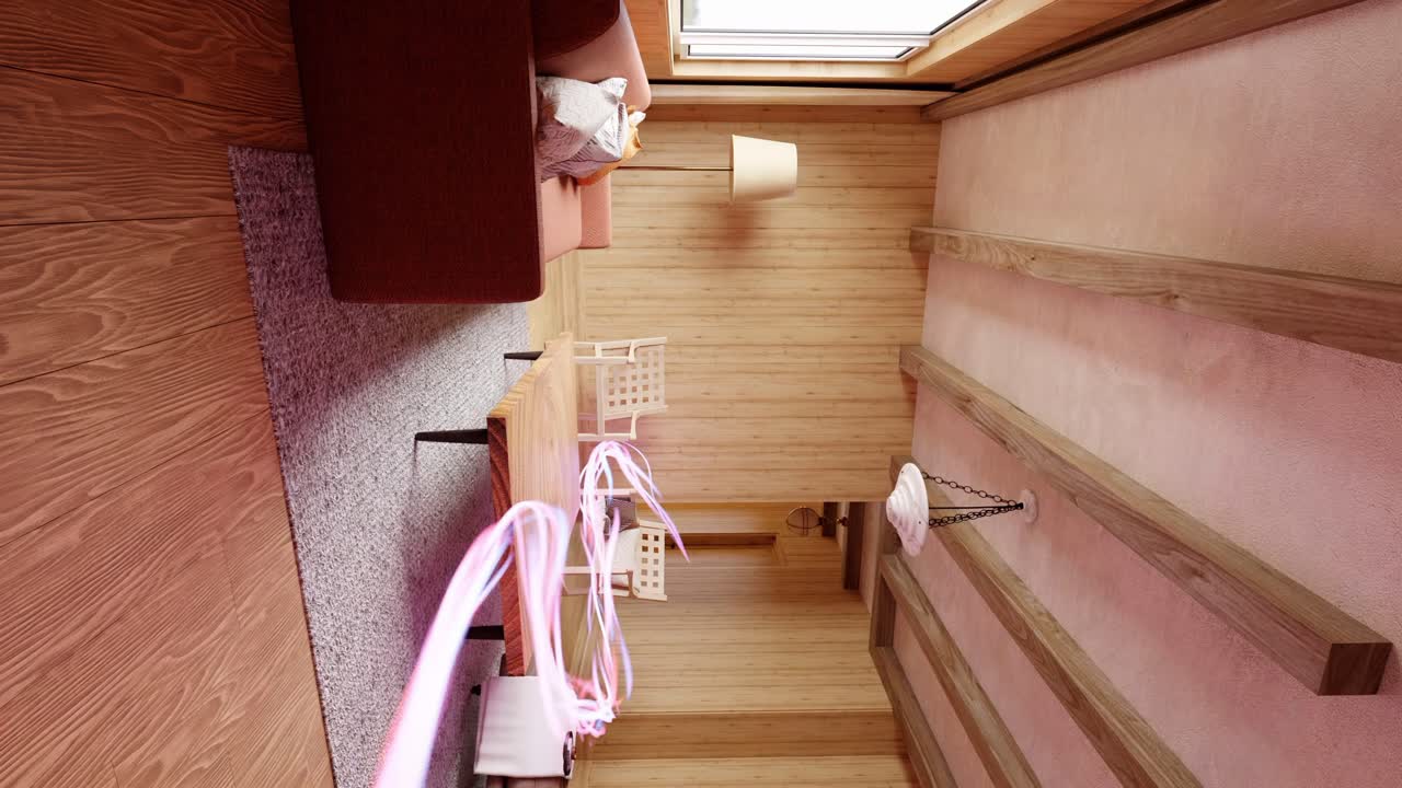 cálida sala de estar con paneles de madera con rastros de luz etérea vertical