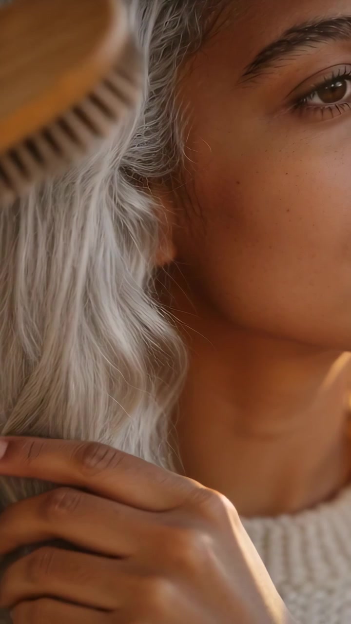 Video vertical: Mujer cepillándose el cabello gris en casa, mientras el cepillo entra por la izquierda, alisando el cabello con un suéter color crema.