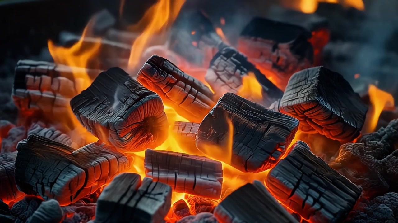 Glowing Charcoal Briquettes Burning in a Barbecue Grill