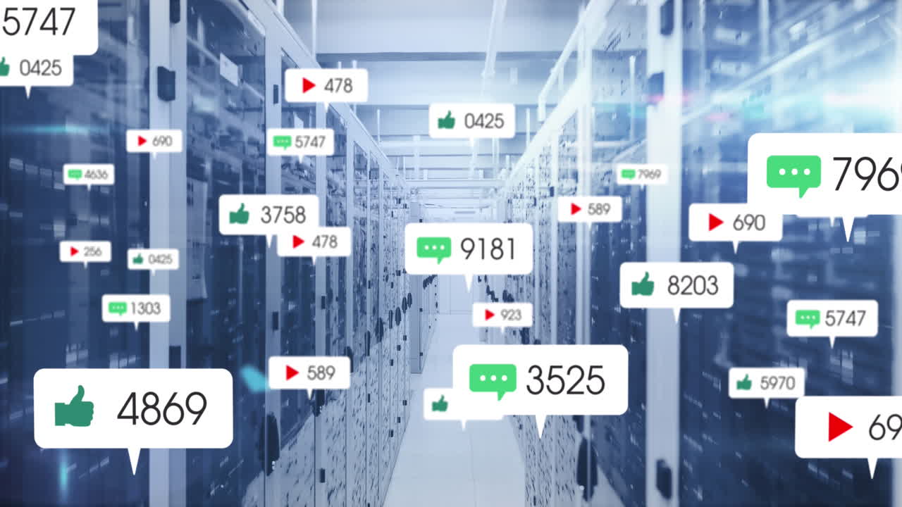 컴퓨터 서버를 통해 배너에 있는 소셜 미디어 아이콘과 숫자의 애니메이션