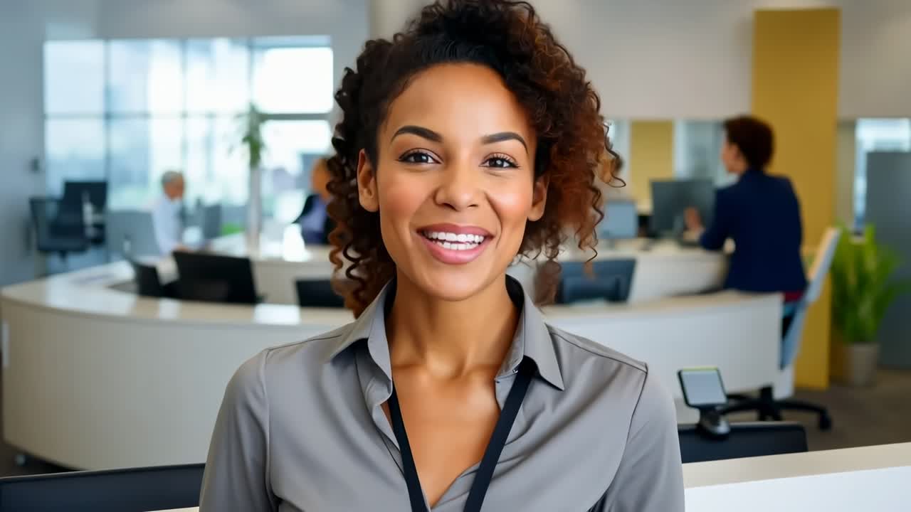 Uma mulher sorridente e profissional em um escritório moderno, capturada em um ângulo de close-up médio