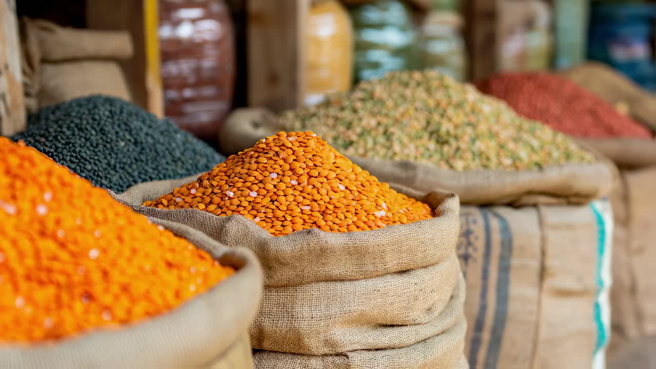 Assortment of Dried Lentils and Legumes at a Market