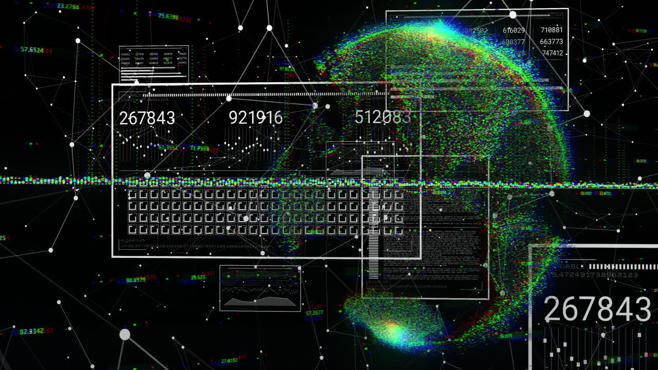 Digital data and network connections animation over abstract globe visualization