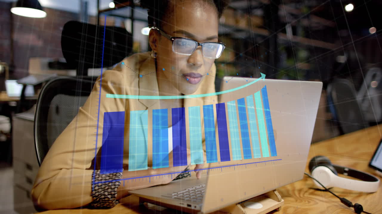 Animation of financial data processing over african american businesswoman in office