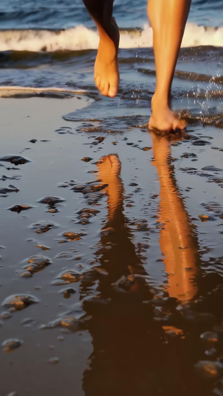 Person Running Barefoot on the Beach at Sunset or Sunrise