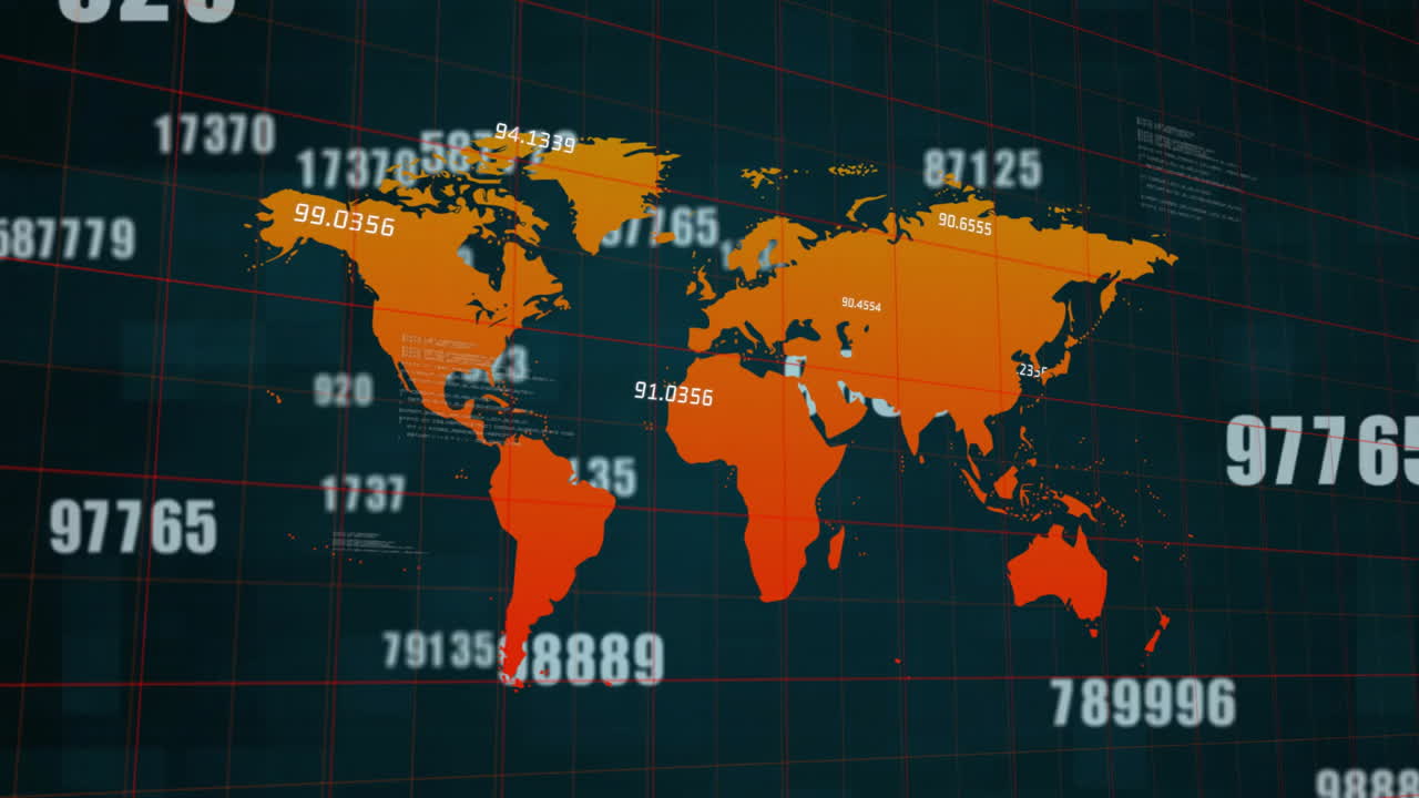 세계 지도를 애니메이션화하여 숫자 데이터 포인트와 글로벌 통계를 제공합니다.