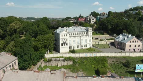 The Faculty of Theology of Vytautas the Great university in Kaunas, Lithuania from above in drone shot (VDU)