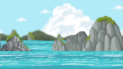 animated coastal scene with rocky islands and water