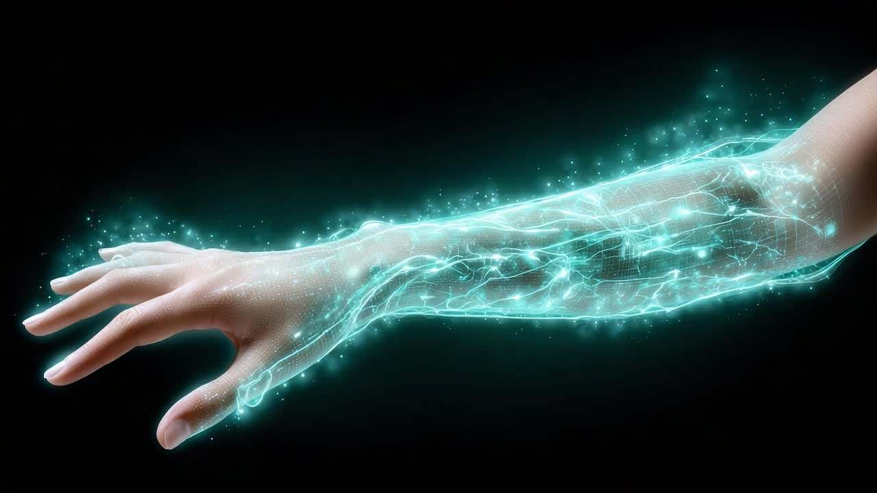 A Glowing Futuristic Arm with Energetic Pulses Demonstrating Innovative Technology and Digital Aesthetics in a Dark Background