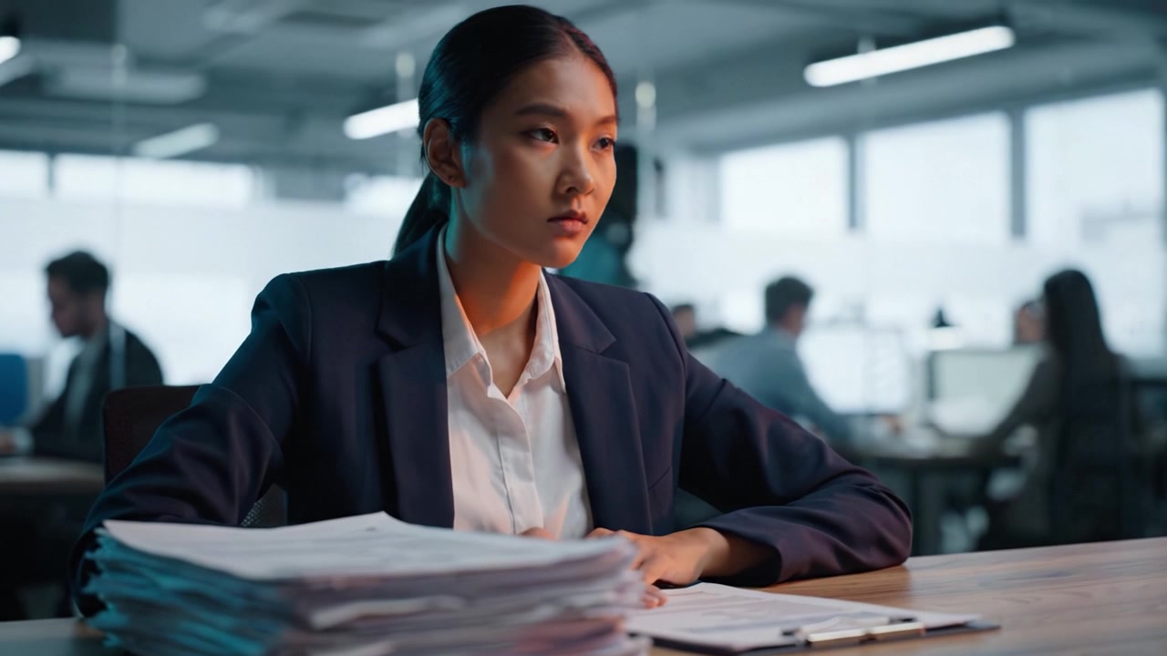 Focused young professional reviewing paperwork in a modern office environment, demonstrating concentration and dedication to her work amidst a busy atmosphere.