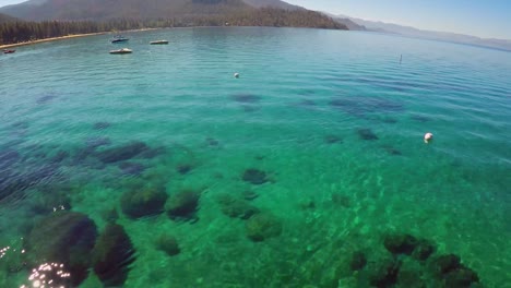 una toma aérea sobre un paddle boarder remando en el lago tahoe