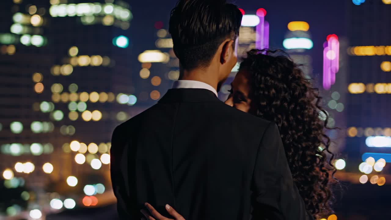 Couple in love at night cityscape