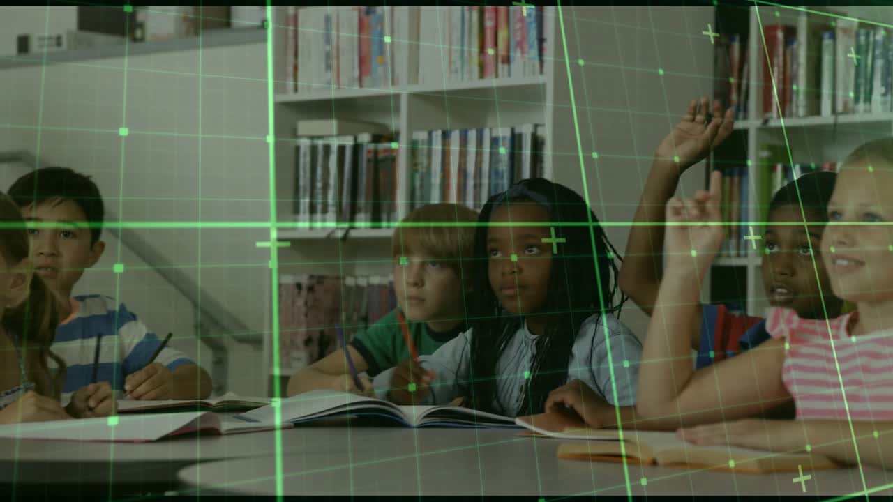 School children raising hands to answer teacher question while green grid sweeping over notebooks