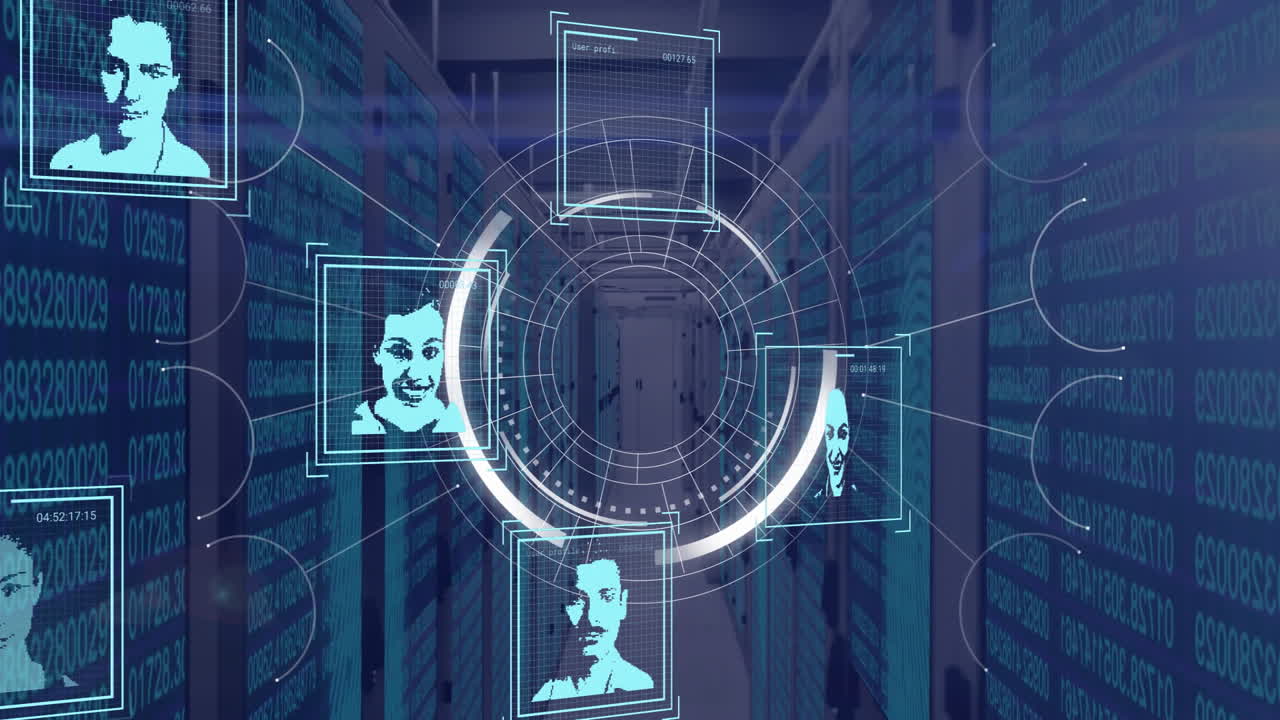 Animation of data processing and scope scanning over people icons and server room