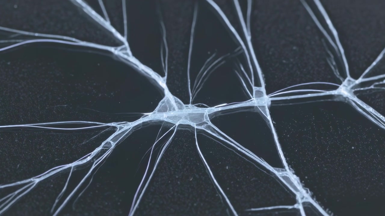 Showing translucent pale-blue network changing at central node under microscope, with filaments