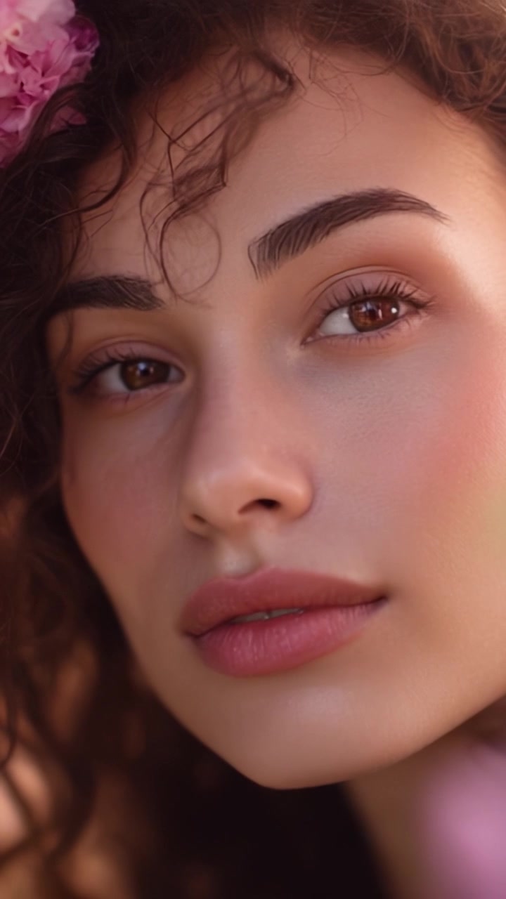 Captivating Close-Up of a Young Woman with Curly Hair and Floral Accents, Showcasing Natural Beauty and Expressive Features in a Serene, Soft Atmosphere