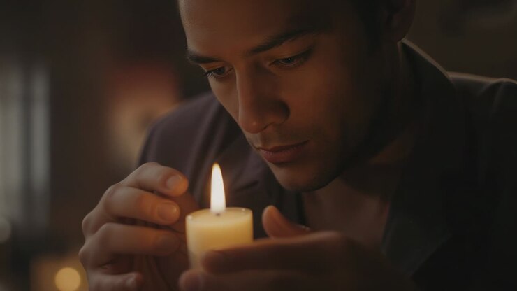 Uomo con maglietta scura che nota una fiamma e protegge una candela accesa a forma di pilastro in una stanza poco illuminata, controllando che bruci in modo uniforme