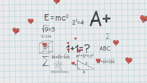 animation of hearts falling over mathematical equations in school notebook