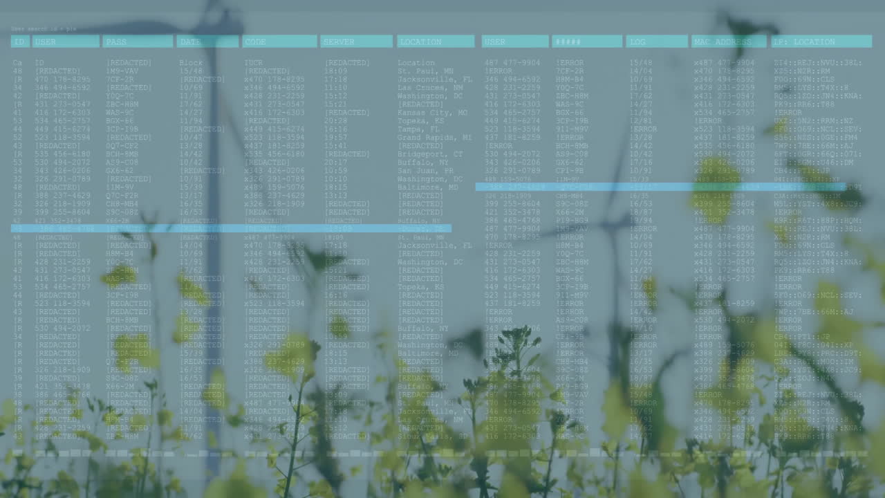 3D render showing green log overlay displaying logs over yellow fields while white turbine spinning